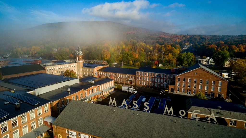 Aerial view of the Massachusetts Museum of Contemporary Art from drone.